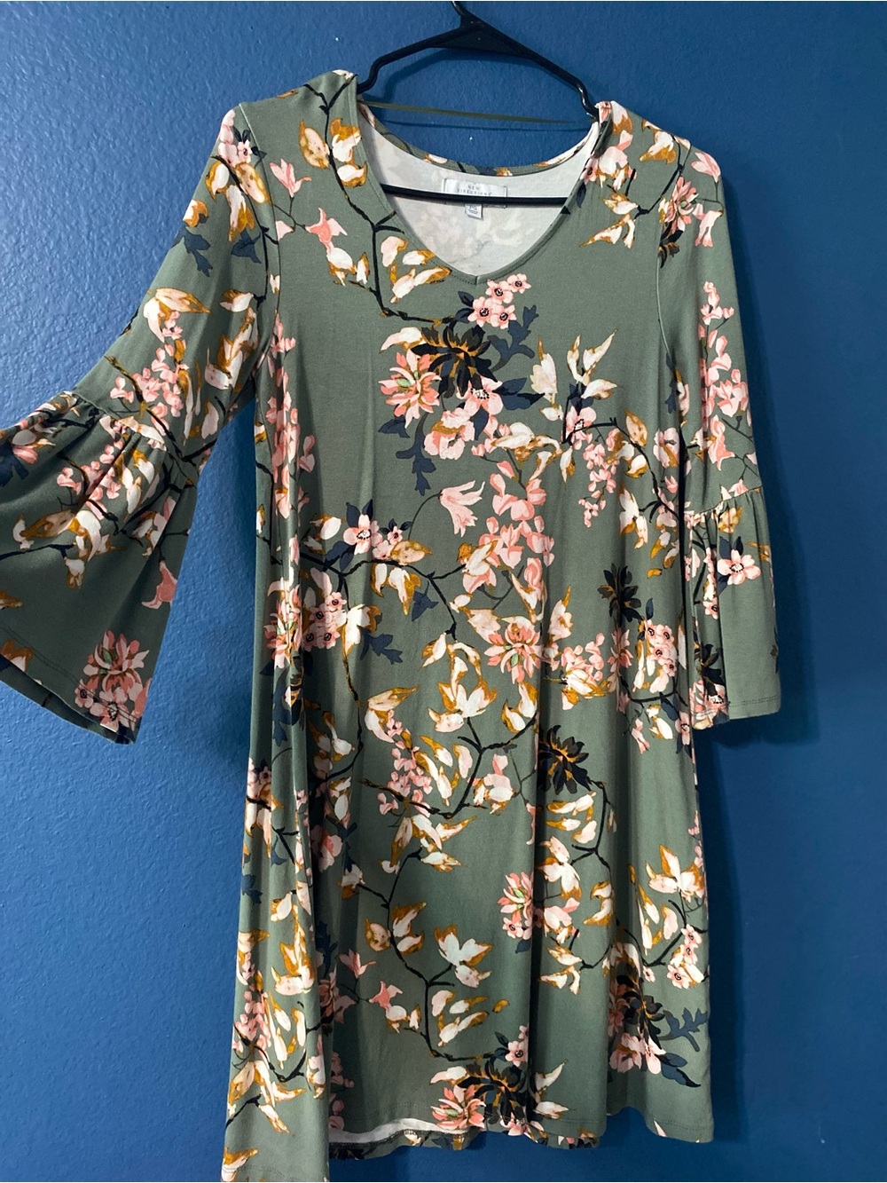 Buckle Olive Floral Bell-Sleeve Dress with Pink Accents